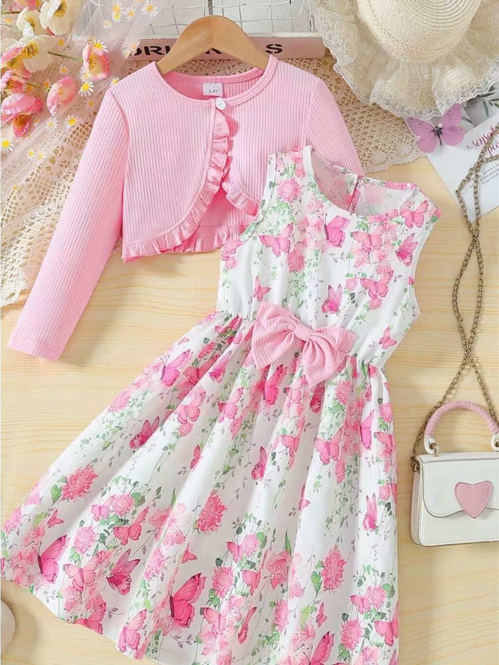 Girls Pink Floral Dress with Matching Pink Cardigan - Brand